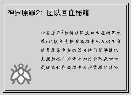 神界原罪2：团队回血秘籍